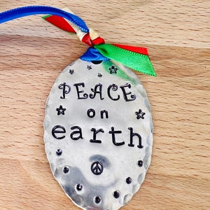 ORNAMENT, Peace On Earth, blue Ribbon hand stamped Ornament Vintage Spoon, Gift Tie on, made from recycled silver plate spoon image 1