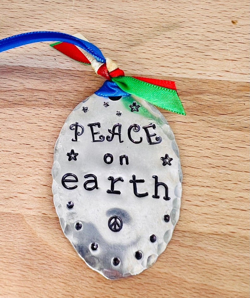 ORNAMENT, Peace On Earth, blue Ribbon hand stamped Ornament Vintage Spoon, Gift Tie on, made from recycled silver plate spoon image 1