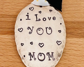 Ornament, I Love You Heart love mom, gift to Son or Daughter, white polka dot Ribbon, Ready to Ship, Christmas Ornament Holiday