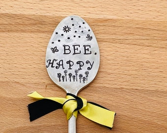 Garden Marker, BEE HAPPY and BASIL with Bee Stamp, Gift for Mother's Day plant herb signs,  Ready To Ship, Black and Yellow ribbon whimsy