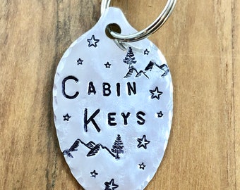 Cabin Keys Keychain: Hand Stamped Mountains, Trees, Stars