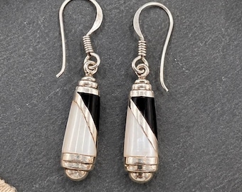 Vintage Signed JB 925 Sterling Silver Inlay Onyx Mother of Pearl Dangle Earrings