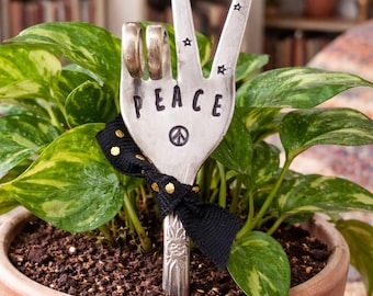 Hand Stamped PEACE Fork Plant Marker: Upcycled Garden Decor