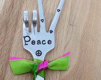 Garden Marker Plant Stake,  PEACE hand stamped Peace Sign, Recycled FORK, stick in pots of flowers or Herb Boxes, Container plants