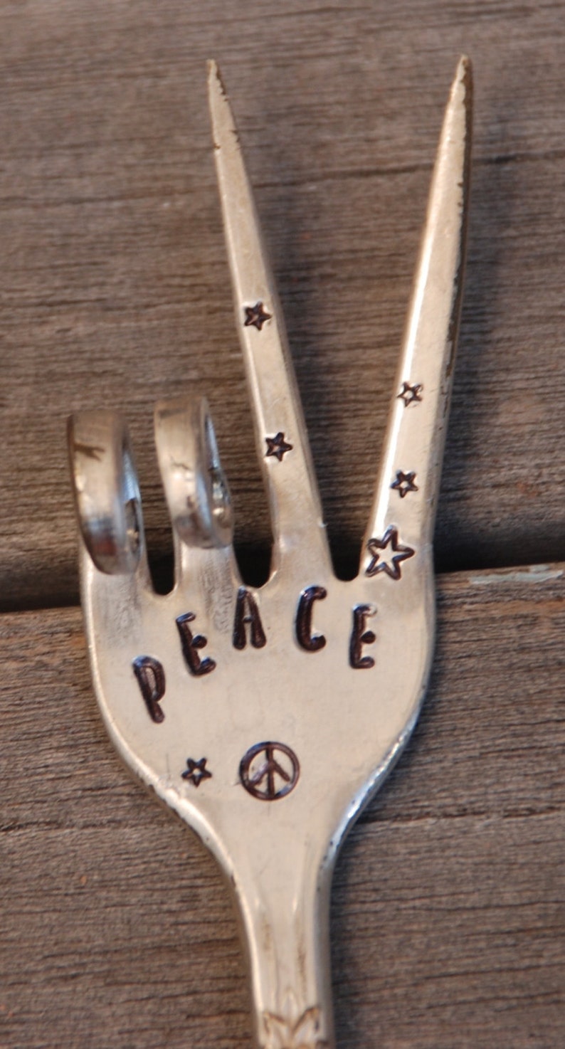 PEACE hand stamped Peace sign Twisted FORK Garden Marker Etsy