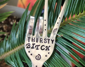 Thirsty Bitch Garden Marker, Peace Sign Fork, Recycled Silver Plate