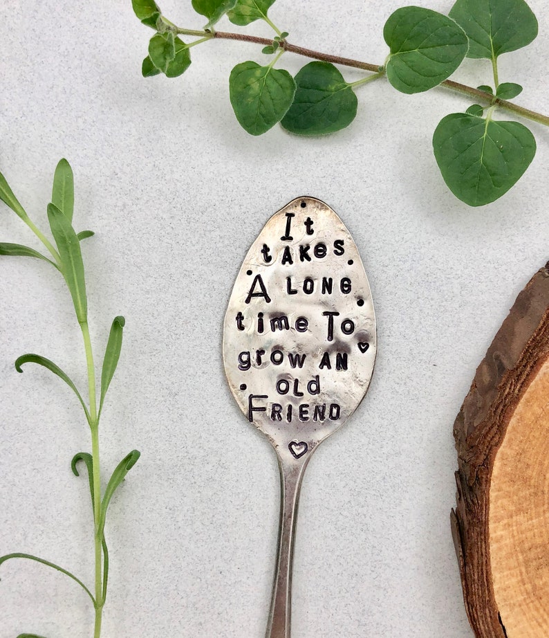 Garden Marker, It Takes A Long Time to Grow an OLD FRIEND, Stamped Large Spoon, Gift for girlfriend, Stick in plants herbs or flowers image 6