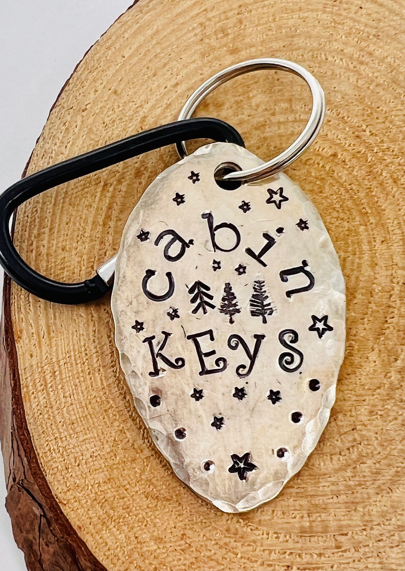 CABIN KEYS, Keychain, Stamped Tea Spoon With Mountains Trees Stars