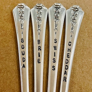 Cheese Markers set of 4, handstamped, Vintage Silver, Silverplate Spoon Handles, Unique gift, Cheese party platter, Metal Cheese Marker