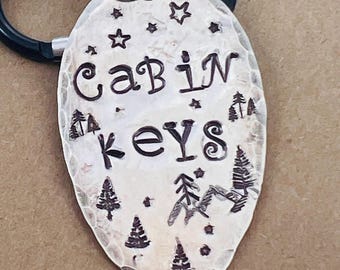 Cabin Keys Keychain: Hand Stamped Silver Spoon, Mountain & Stars
