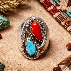 Vintage Zuni Sterling Silver Snake Ring: Coral & Turquoise Inlay, R. Nieto Sz 11