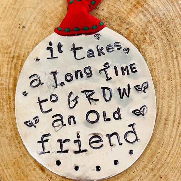 Hand Stamped Friendship Ornament: Recycled Silver Plate, Red Ribbon