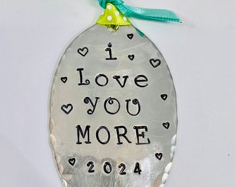 Ornament, I LOVE you MORE 2024, Hand Stamped recycled Large Spoon with Lime polka dot Ribbon with festive ties