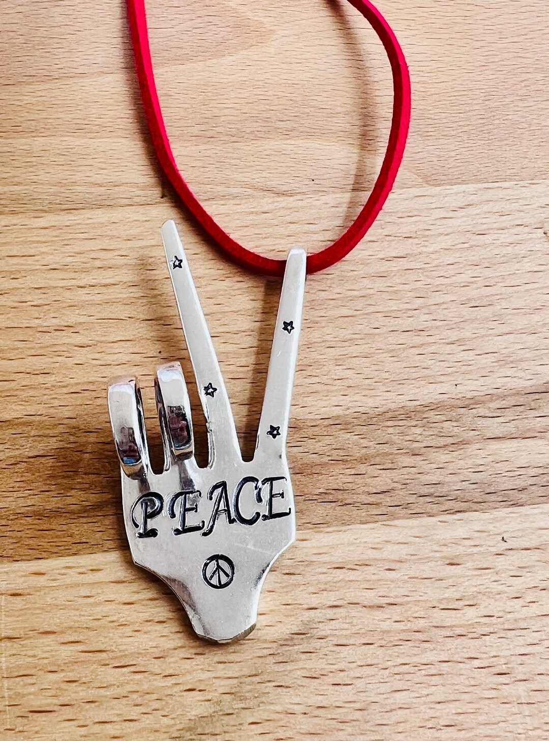 Ornament Peace Sign Made From Recycled Silver Plate Fork, Hand Stamped