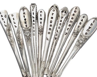 Herb Markers Set of 10  Stamped Vintage Silver Spoon Handles, best selling item, garden labels, Customization Allowed, stick in pot of herbs