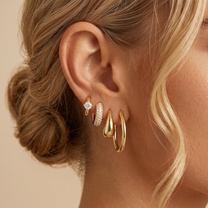Gold Huggie Hoop Earrings Set,CZ Inlaid Small Hoops Pave CZ Chunky Teardrop Hoops Ear Stacking Set Multi Piercing Jewelry Gift for Her