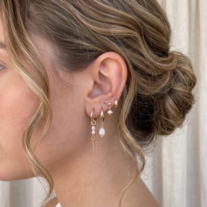 Gold Ear Stacking Set • Ruby Pink CZ Chain Tassel • Pearl Flower Huggie Hoops • Curated Ear Piercing Jewelry Set • Gift for Her • Coquette