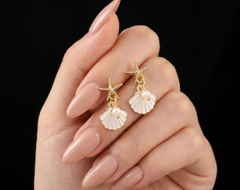 Starfish and Seashell Pearl Drop Earrings, Gold Ocean Beach Jewelry, Mermaid Aesthetic Summer Accessories, Dainty Coastal Gift for Her