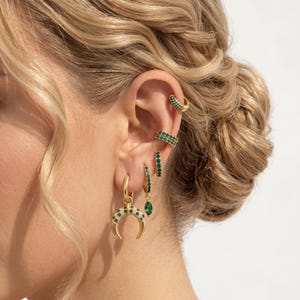 Gold Crescent Moon Dangle Hoop Earrings Green CZ Pave Horn Celestial Boho Huggie Hoops Multi Piercing Ear Stacking Jewelry Gift for Her