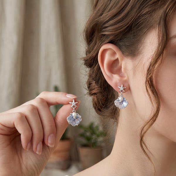 Blue Crystal Starfish Earrings,Silver Sea Shell Dangles,Ocean Theme Pearl Huggies,Mermaidcore Beach Jewelry,Summer Gift for Her,Coastal