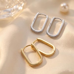 Può includere: Due paia di orecchini a cerchio rettangolari, un paio in metallo color argento e un paio in metallo color oro. Ogni orecchino presenta una chiusura a cerniera ed è chiaramente stampato con il testo S925 sul lato, indicando la composizione.