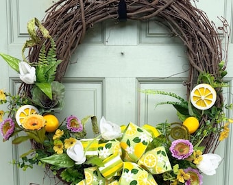 Vår/sommar citron och randig 60 cm vinrankekrans