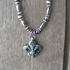 Fleur de Lis Pendant Necklace Handmade with Beads