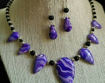 Purple faux marbled stone handcrafted cabochon & beads necklace, earrings