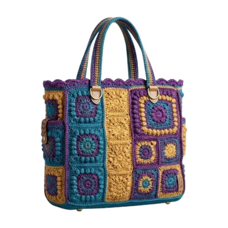 May include: A tote bag constructed from crocheted granny squares in shades of mustard yellow, teal, and purple. The bag features two matching crocheted handles, a scalloped top edge, and small metal feet at the base for stability and structure.