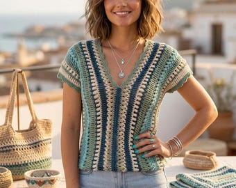 Crochet Top Pattern PDF | Women's Crochet Sweater Pattern | Summer Pullover | V Neck Crochet Shirt, | Boho Crochet Top | Instant Download.