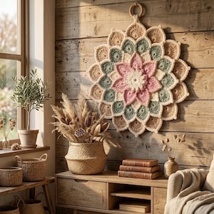 Peut inclure: Une décoration murale circulaire en crochet composée de pétales superposés dans des tons crème, rose poudré et vert sauge. L'ouvrage présente un motif floral central et est suspendu à un anneau en bois sur un mur en planches de bois rustique.