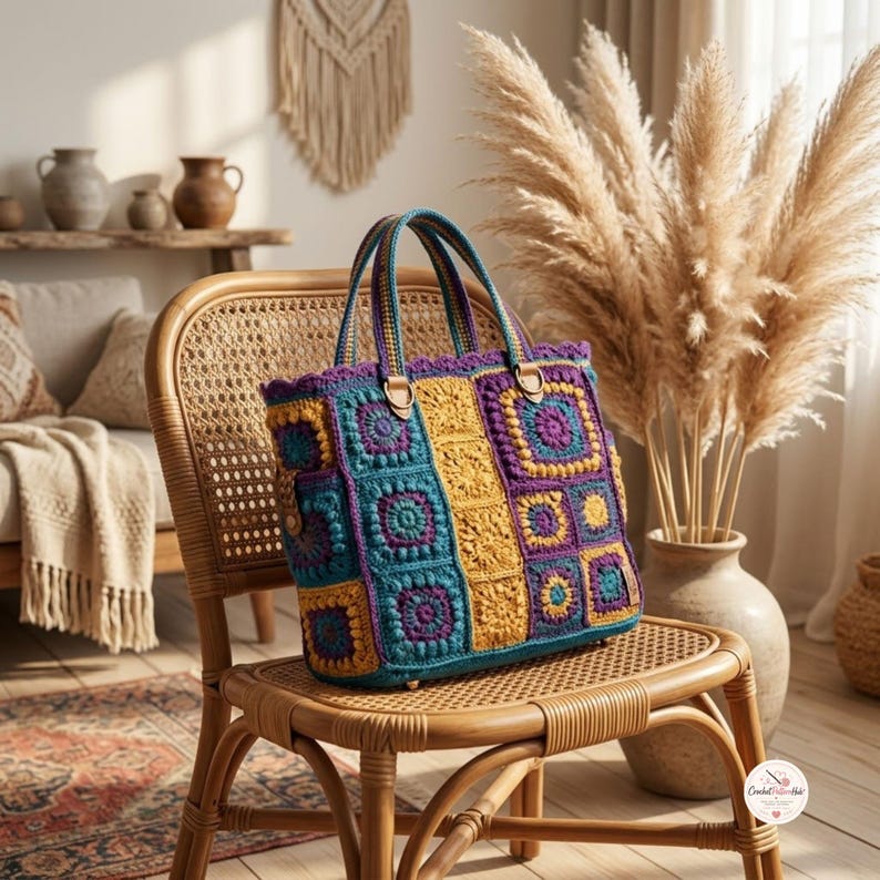 May include: A tote bag constructed from multicolored crochet granny squares in shades of teal, mustard yellow, and deep purple. The bag features two sturdy handles attached with gold-toned metal rings and a scalloped top edge with a textured finish.