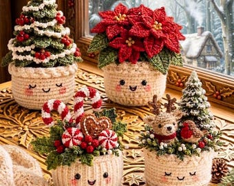 Christmas Crochet Pot Pattern Bundle PDF | Tree, Poinsettia & Reindeer | Holiday Crochet Decor | DIY Christmas Patterns