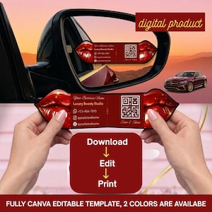 Peut inclure: Un produit numérique avec un design de carte de visite en forme de lèvres rouges. La carte comprend des informations de contact, un code QR et le texte "Scan & Shine". L'image montre également un rétroviseur de voiture reflétant le design et une voiture.