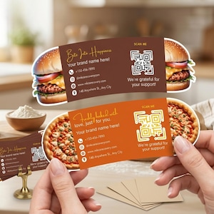 May include: Business cards with food illustrations. One card features a burger, the other a pizza. Text includes "Bite Into Happiness" and "Freshly baked with love, just for you." Contact information and a QR code are also displayed.