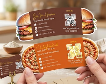 Plantillas editables de Canva para negocios de comida, tarjeta plegable troquelada, diseño de código QR, tarjeta desplegable de hamburguesas y pizzas.