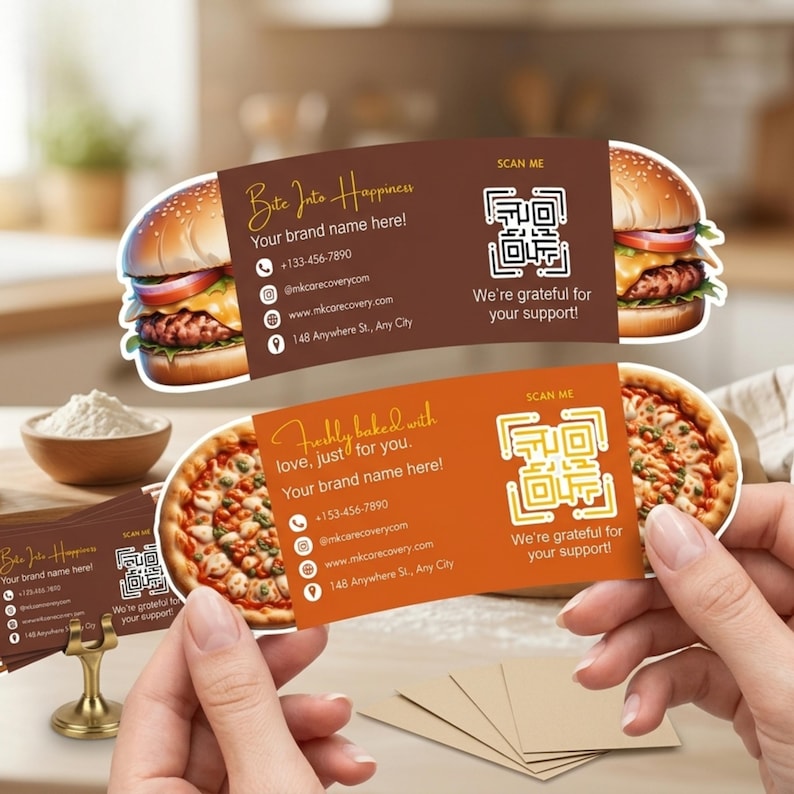 May include: Business cards with food illustrations. One card features a burger, the other a pizza. Text includes "Bite Into Happiness" and "Freshly baked with love, just for you." Contact information and a QR code are also displayed.