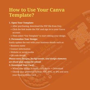 May include: An orange guide for using a Canva template, with white text detailing the steps. The guide explains how to open, personalise, and download a design. The text includes "How to Use Your Canva Template?" and instructions.