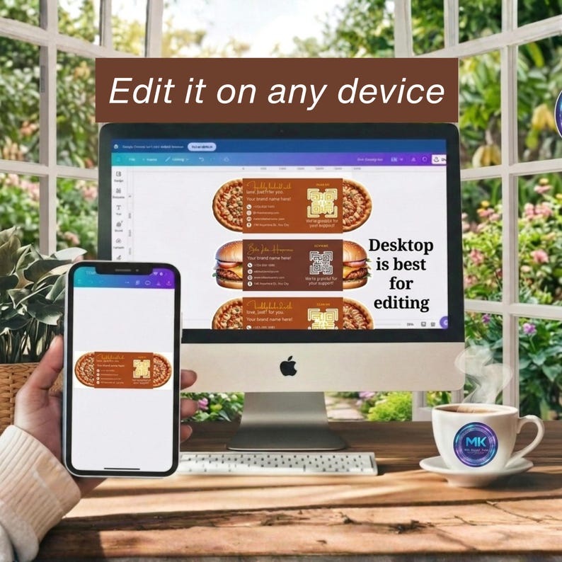 May include: A desktop computer and smartphone showing business card designs. The computer screen displays three designs, including pizza and burger themes. The smartphone shows one design. Text on the screen reads "Edit it on any device" and "Desktop is best for editing."