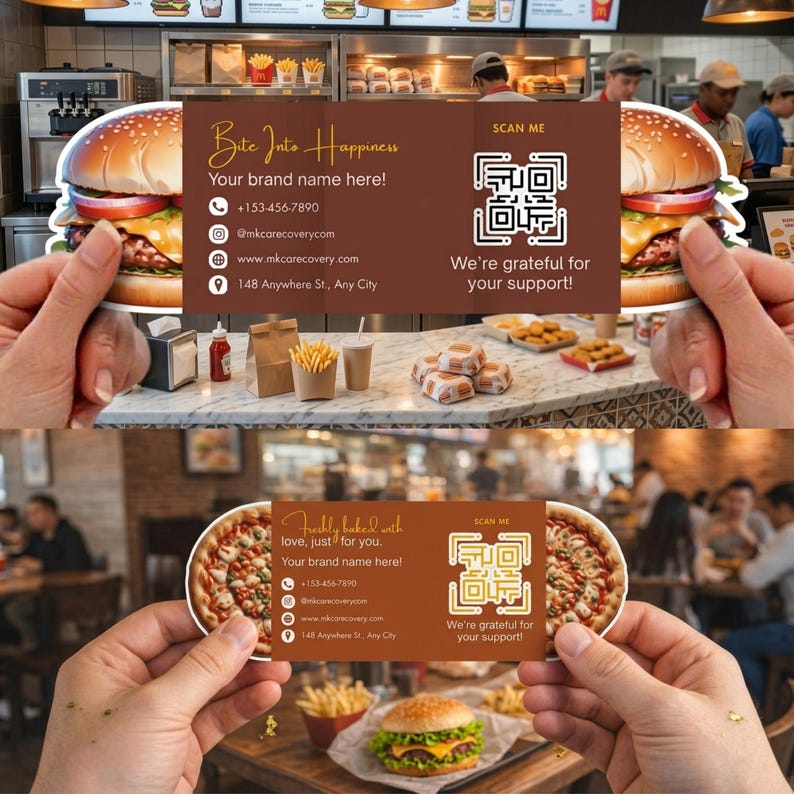 May include: Two business cards with food imagery are held up in front of a fast-food restaurant. One card features a burger, the other a pizza. Text on the cards includes "Bite Into Happiness" and "Freshly baked with love, just for you."