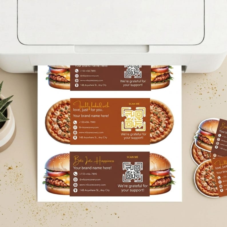May include: Business cards with burger and pizza images emerging from a printer. The cards display contact details, a QR code, and the phrases "Freshly baked with love, just for you" and "Bite Joto Happiness".