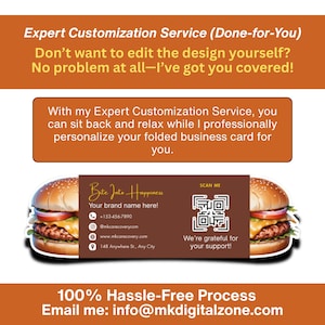 May include: Promotional image for a business card customisation service. The image features a business card design with a burger graphic, a QR code, and contact details. Text promotes a hassle-free process.