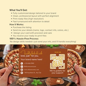 May include: A business card design with a pizza theme, displaying the text "Freshly baked with love, just for you." The card includes a QR code, contact details, and the phrase "We're grateful for your support!"