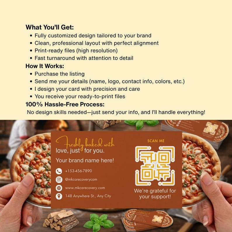 May include: A business card design with a pizza theme, displaying the text "Freshly baked with love, just for you." The card includes a QR code, contact details, and the phrase "We're grateful for your support!"