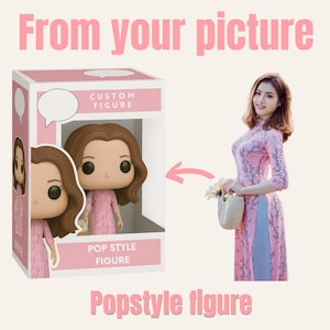 May include: A Popstyle figure of a woman in a pink dress, displayed in a pink and white box. The box has the text "From your picture" and "Custom Figure". The figure is next to a photo of the woman.