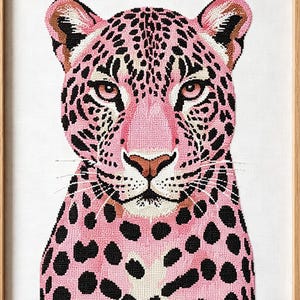 Pink Leopard Cross Stitch Pattern, Modern Maximalist Big Cat Embroidery, Boho Animal Counted Cross Stitch,Instant Download PDF
