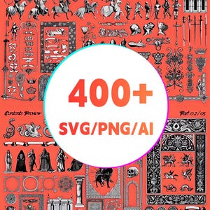 Peut inclure: Fond orange avec une collection d'illustrations vectorielles médiévales en noir et blanc. L'image comprend des chevaliers à cheval, des épées et des bordures décoratives. Un grand cercle blanc avec le texte "400+ SVG/PNG/AI" est au centre.