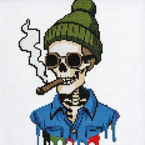 Cool Skeleton Cross Stitch Pattern, Streetwear Graffiti Skull Embroidery,Modern Gothic DIY Needlepoint, Instant Download PDF