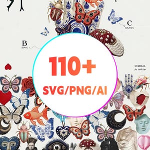 May include: A collage of surreal illustrations featuring butterflies, fish, insects, and hands. The image includes the text "110+ SVG/PNG/AI" and the word "OBJECTS" with the number "31". The color palette includes red, blue, and white.