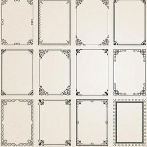 May include: A collection of twelve rectangular frames with ornate black borders. Each frame features a unique design, including floral, geometric, and scalloped edges. The frames are set against a textured, off-white background, suitable for various artistic or decorative purposes.